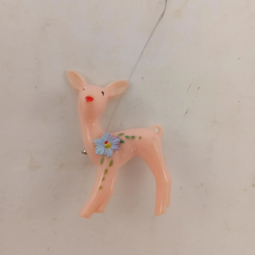 Vintage Celluloid Plastic Pink Deer Brooch Pin Fawn Doe Kitschy Flower